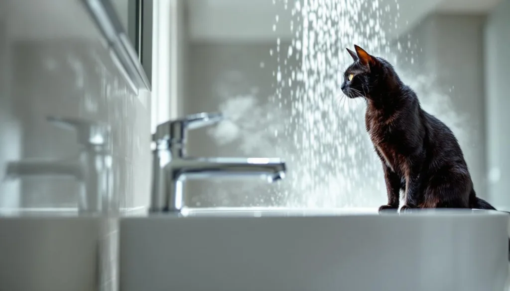 er hört das rauschen der dusche und kann kaum glauben, was sein kater dort treibt – eine überraschende und amüsante geschichte.